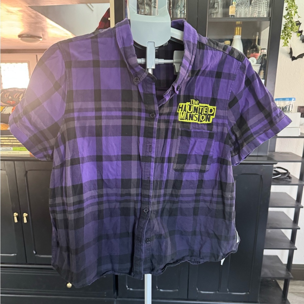 Pre-Owned Disney Parks Haunted Mansion Button Up Plaid Shirt